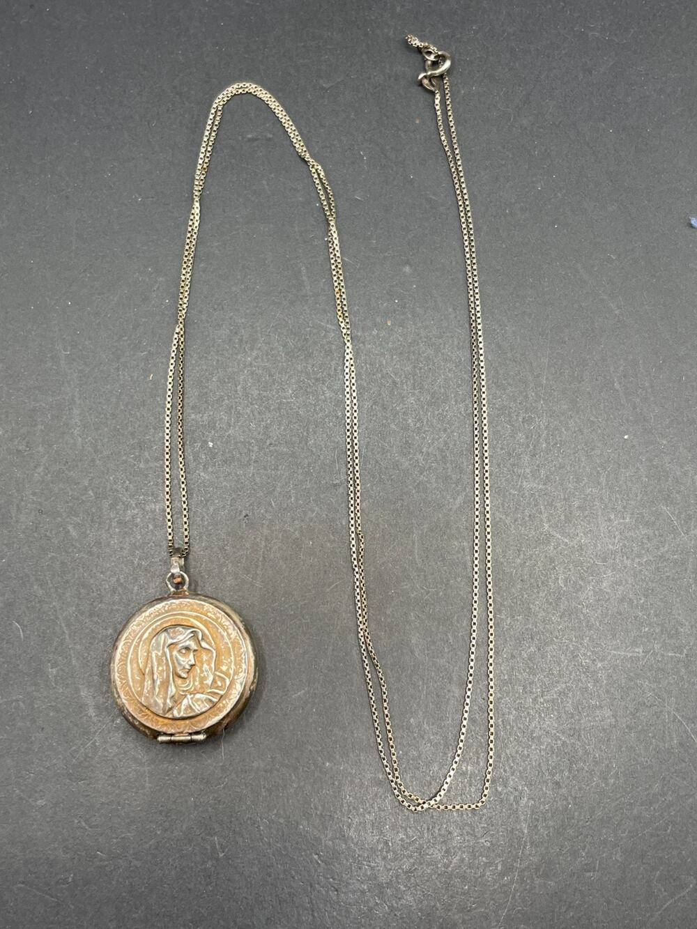 Sterling Silver 925 Religious Embossed Hinged Locket Relic Mary Pendant Necklace